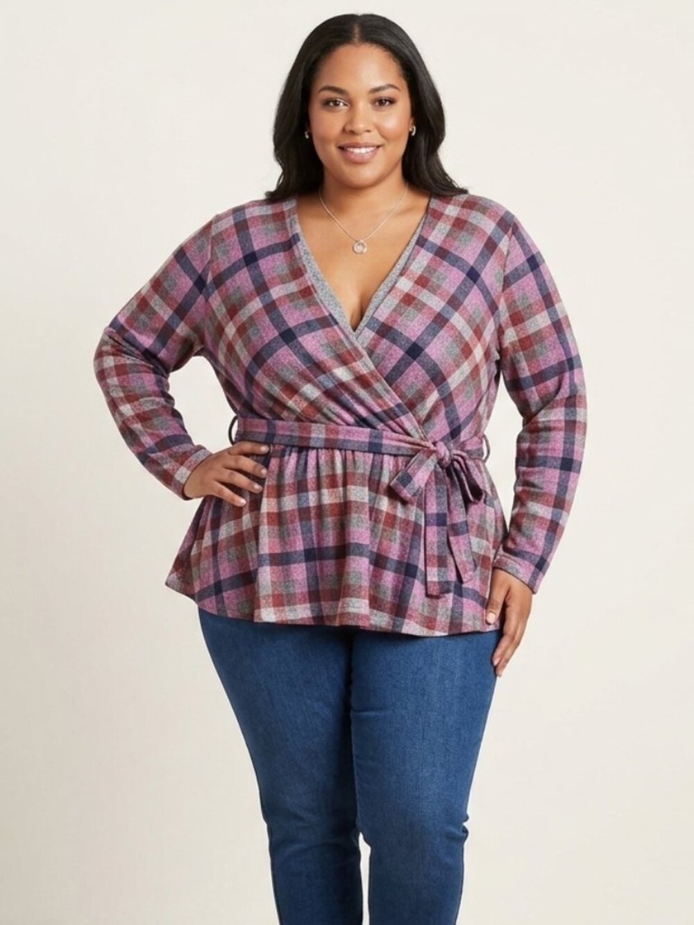 Lane Bryant Women's Plus Size 22/24 Plaid Faux Wrap Top Peplum Waist Multi-Color